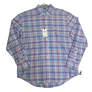 Izod Saltwater Shirt Relaxed Button-Down LS purple pink teal Plaid Large NWT - Picture 1 of 10