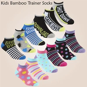 Kids Bamboo Trainer Socks Boys Girls Childrens Pattern Liner Sock 6 Pairs - Picture 1 of 9