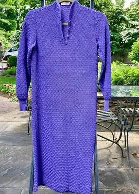VESTIDO SUÉTER TEJIDO CROCHET dacron púrpura vintage 1970 Heatherton largo tirador M Foto 1 de 4