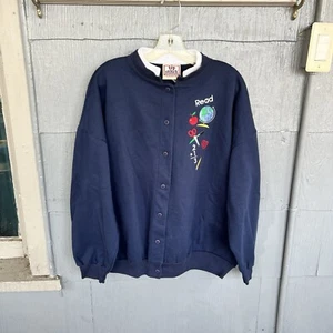 Vintage Top Stitch Morning Sun Cardigan Sweater Women XL Embroidery Teacher Blue - Picture 1 of 5