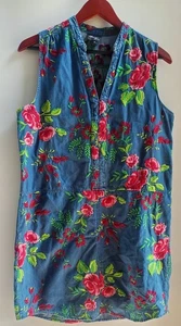 BEIGE by ECI Dress 6 Embroidery Denim Shift Sleeveless V-Neck Pink/Green Floral - Picture 1 of 7