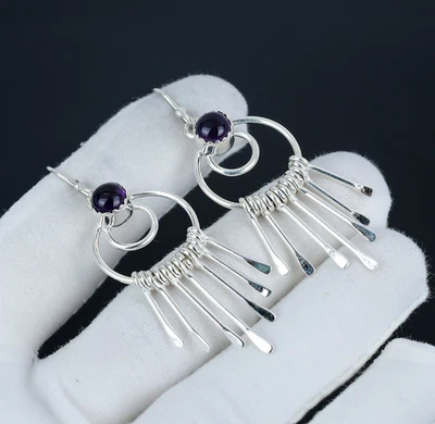 Naturale Ametista Gemma Massiccio 925 Argento Orecchini Per Regali di Compleanno - Immagine 1 di 4