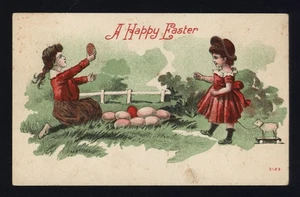 A HAPPY EASTER - GIRLS with EASTER EGGS in Pasture * message written on back - Picture 1 of 2