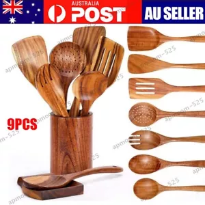 9PCS Wooden Kitchen Utensil Set Natural Teak Wood Cooking Spoon Spatula Nonstick - Picture 1 of 13