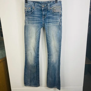 Miss Me Fleur De Lis Thick Stitch Blue Whiskered Denim Jeans Women's Size 25 - Picture 1 of 4