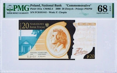 Poland National Banknote 20 zlotych Pick# 181a Fryderic Chopin 2009 - PMG 68 EPQ - Image 1 of 2