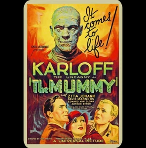 Letrero de metal vintage 8x12 momia clásica 1932 película de terror Karloff Head cobra vida - Imagen 1 de 2
