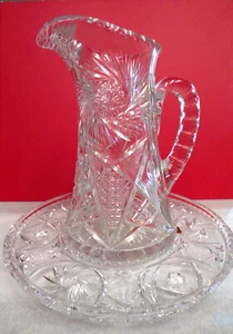 Vintage Hand Cut Glass Pitcher & Footed Underplate Pinwheel Star Design German - Picture 1 of 12