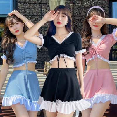 Traje de baño para mujer 2 piezas con volantes dobladillo traje de baño manga corta playa bikini Foto 1 de 4