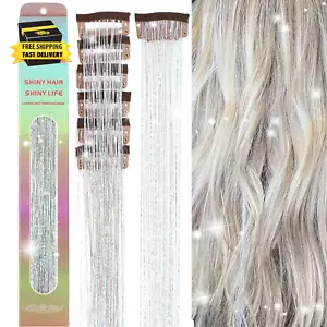 Clip in Glitzer Haar Lametta Extensions 23,6 Zoll - 6 Stück Silber glitzerndes Feenhaar - Bild 1 von 7