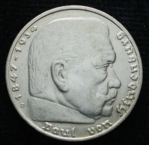 1936 D  NAZI HINDENBURG 5 Mark .900 SILVER COIN WW2 GERMANY 5 ReichsMark - Imagen 1 de 2