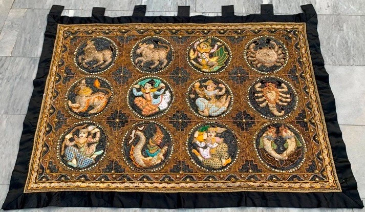 Antiguo tapiz indio bordado a mano religiones decoración colgante de pared 130x90 cm Foto 1 de 4