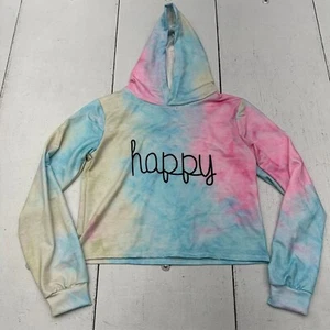 Blue Pink Yellow Tie-Dye "Happy" Print Cropped Hooded Sweatshirt Kids Size 8-10 - Picture 1 of 6