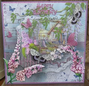 HANDMADE SPRING SUMMER FEMALE BIRTHDAY CARD WITH BUDDLEIA & WISTERIA FLOWERS - Picture 1 of 6