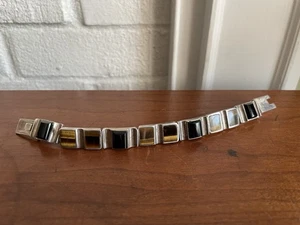 Vintage Taxco Link Bracelet Tigers Eye Onyx Mexico 950 Fine Silver 44g - Picture 1 of 9