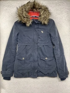 Abercrombie Jacket Girls Large Navy Blue Faux Fur Hooded Parka Winter Coat Warm - Picture 1 of 11