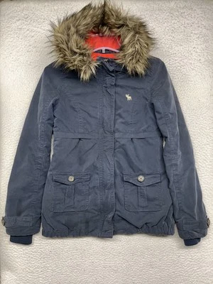 Abercrombie Jacket Girls Large Navy Blue Faux Fur Hooded Parka Winter Coat Warm - Image 1 of 4