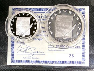 1787-1987 American Pacific Mint Constitution .999 Silver Round Set, 3 ozs, COA - Picture 1 of 3