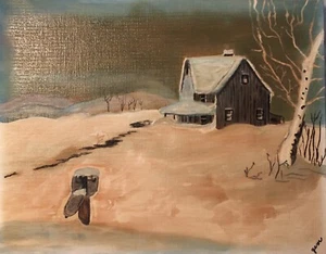 Pintura casera vintage de invierno y buzón de correo 11”x14” tablero de lienzo gema firmada - Imagen 1 de 5