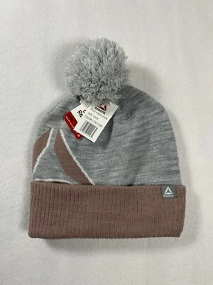 Reebok Women's Logo Intarsia Pom Pom Beanie NWT Color Gray with Salmon Trim - Image 1 of 4