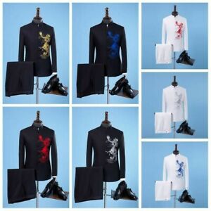 Men Bridegroom Blazer Set Chinese Tunic Suit Embroidery Dragon Print Formal