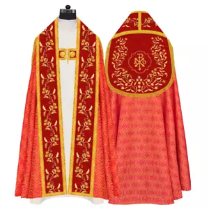 Red Catholic Roman Cope Vestment with Floral Embroidered Trims - Picture 1 of 3