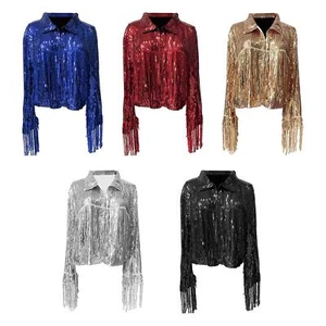 Sequin Fringe Jacket Long Sleeve for Vacation Cosplay Exhibition Casual - Picture 1 of 29
