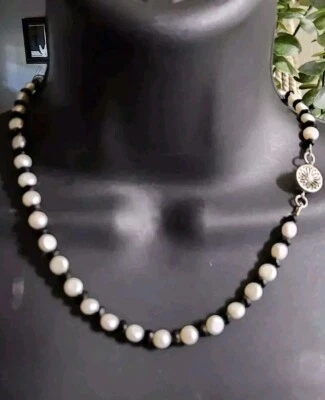 Vintage Sterling White Button Pearl Faceted Black Onyx Necklace 18in  - Image 1 of 4