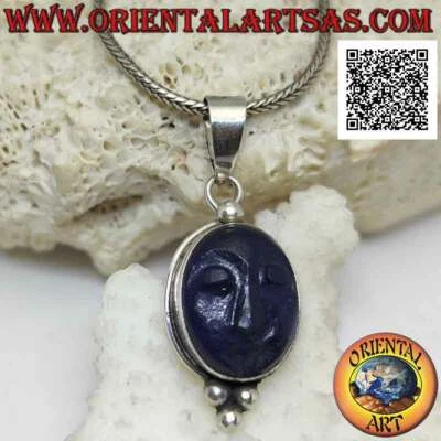 Ciondolo in argento 925‰ cammeo di lapislazzulo naturale ovale con bordo liscio  - Immagine 1 di 4