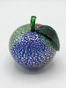 Art Glass Apple Paperweight Multicolor Silver Flake Green Leaf 3" - Picture 1 of 6