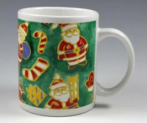 Merry Brite Holiday Coffee Mug Green with Santas & Candy Canes 10 oz Vintage 90s - Picture 1 of 6