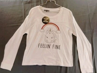 Nwt Shirt Womens Small Attitude Not Included New Top White Stretch Cat Unicorn* - Image 1 of 4