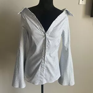 Caroline Constas Persephone Blue Strip Off The Shoulder Button Down Shirt S $395 - Picture 1 of 11