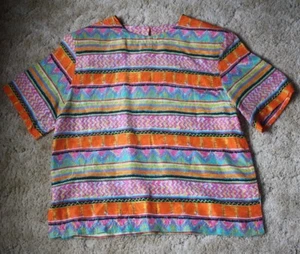 Vtg Diane Gilman M Silk Bright Zigzag Stripe MultiColor Short Sleeve Blouse Top - Picture 1 of 8