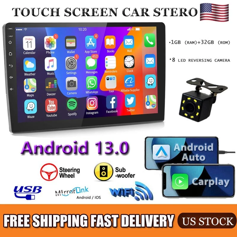 Rotatable 10.1" Android 13.0 Touch Screen Car Radio 1GB+32GB 2Din with Camera - Image 1 of 4