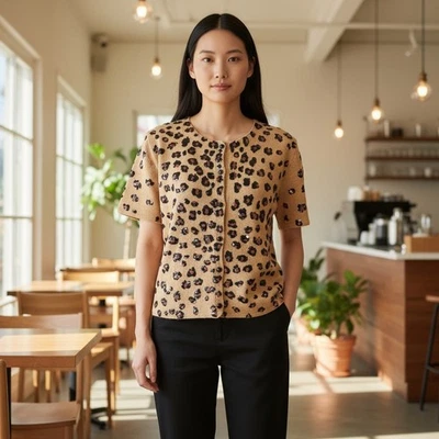 Cárdigan Y2K Michael Simon Para Mujer Suéter Leopardo Lentejuelas Abotonado Mediano Foto 1 de 4