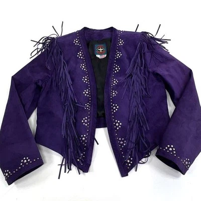 Vintage 80s/90s Renegade Spirit Fringe Studded Rhinestone Suede Jacket USA Sz L - Image 1 of 4