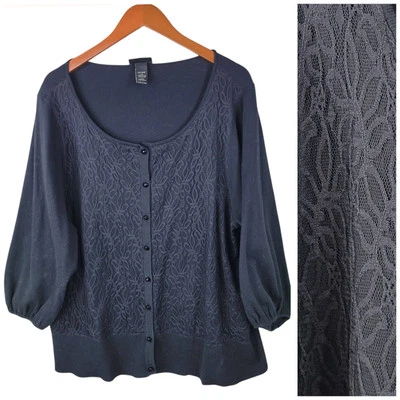 Lane Bryant Plus 22/24W 3X Cardigan Sweater Black Cotton Button Up Layered Lace - Image 1 of 4