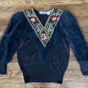 VTG 90s Shannan Handbeaded V Neck Sweater Womens M Black Floral Angora Cotton - Picture 1 of 9
