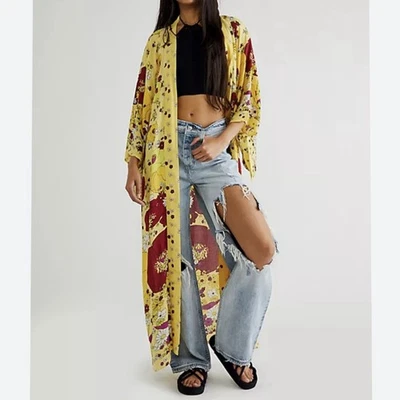 Free People Hidden Hills Yellow Floral Open  Maxi  Kimono Duster Cardigan  - Image 1 of 4