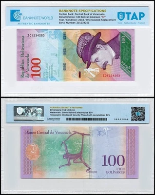Venezuela 100 Bolivar Soberano, 2018, P-106a.1z, UNC Replacement Authenticated - Image 1 of 2