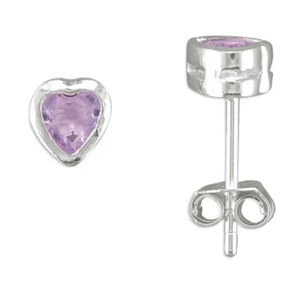 Amethyst heart stud earrings solid Sterling Silver 5mm total width, faceted. Box - Picture 1 of 2