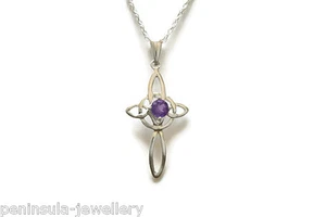 Sterling Silver Amethyst Cross Celtic Pendant and 20" chain Boxed Made in UK - Picture 1 of 5