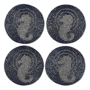 Waterford Set of 4 4" Navy Blue Beaded Seahorse Design Coasters, Gift Set, New - Picture 1 of 10