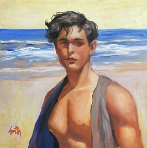 Original oil painting Young Man on a Summer Beach, Framed ready to hang. - Picture 1 of 5
