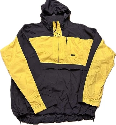Chaqueta Cortavientos REI Vintage Unisex Grande Media Cremallera Negra Amarilla Embalable Foto 1 de 4