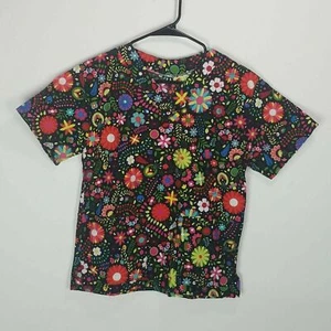 Spring Floral Colorful Black Daisy Flowers Daisies Easter Scrub Top  XS Uniform  - Picture 1 of 4
