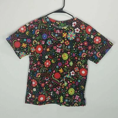 Spring Floral Colorful Black Daisy Flowers Daisies Easter Scrub Top  XS Uniform  - Image 1 of 4