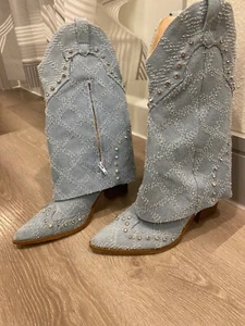 Rhinestone Denim Overlay Boots. Size 7 women’s. - Picture 1 of 4