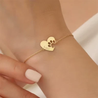 Customized Engraved Name Bracelet Paw Print Jewelry Animal Dog Cat Gold Silver - Image 1 of 4